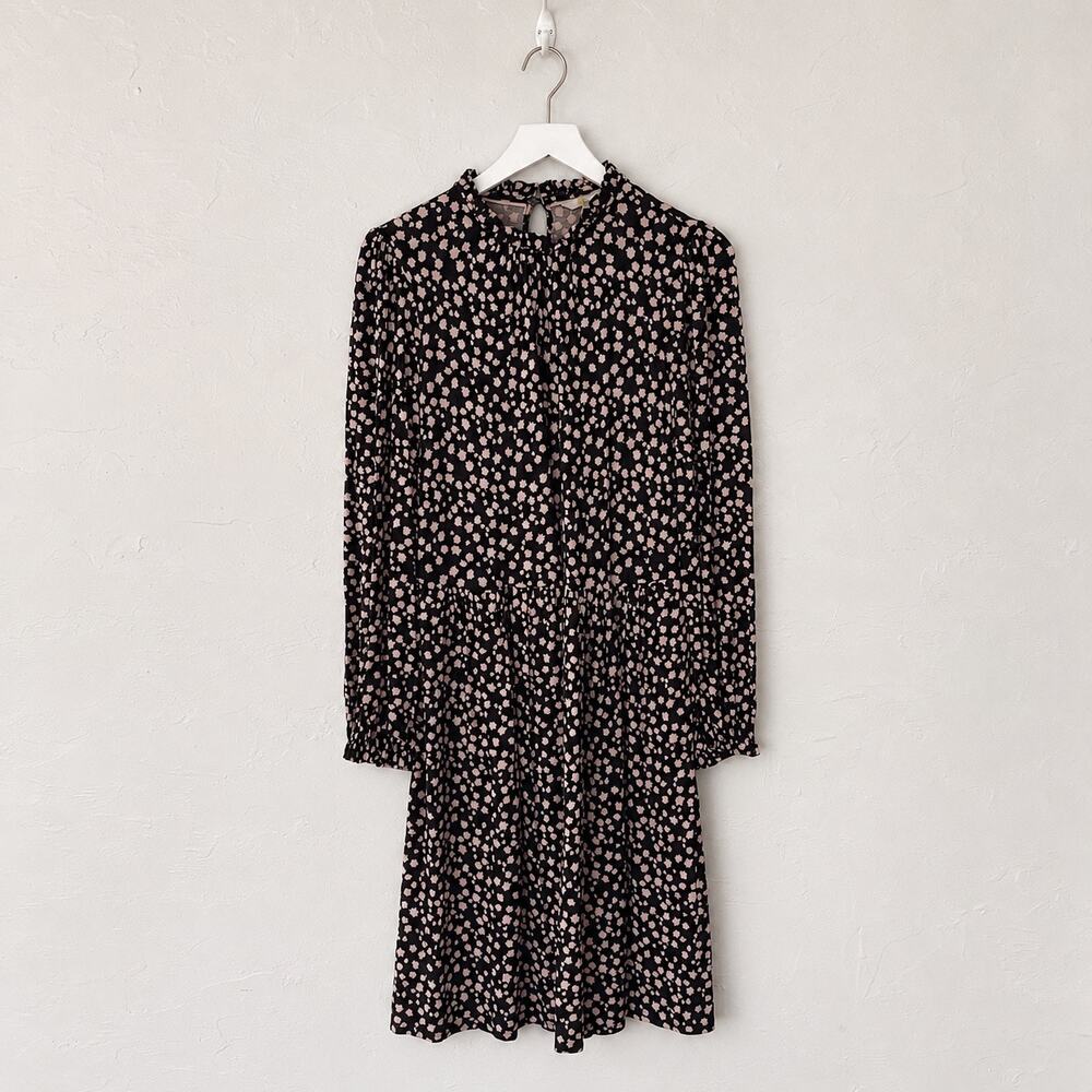 Boden Black Pink Floral Jersey Dress Ruffle Neck Keyhole Long Sleeve 8L